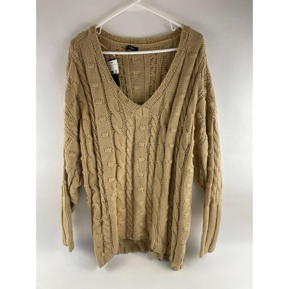 AFRM Sweater Women's Size XS Oversized Tan Pullover Cable-Knit V-Scoop Neck NWT